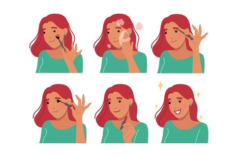 Woman does makeup step by step and takes care of facial skin before going on Stock Illustration