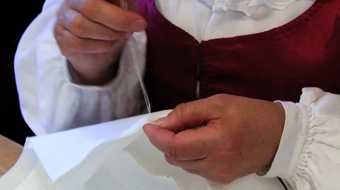 Woman does sewing work by hand in Roli, Norway. Stock Footage 59723799
