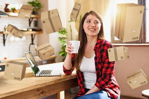 Woman does shopping through e-commerce online shop. Concept of fast delivery Stock Photos