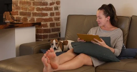 Woman with dog using tablet on sofa Video stock 89432111