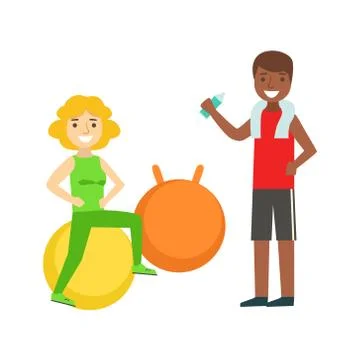 Woman Doing Exercise On Ball WIth Help Of Personal Trainer, Member Of The Stock Illustration
