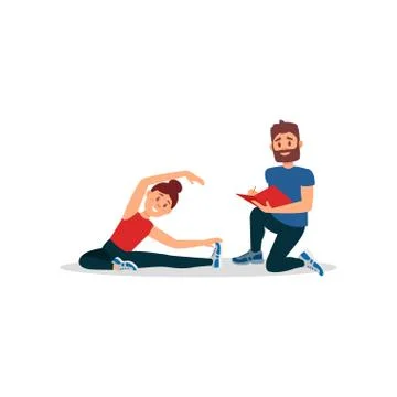 Woman doing exercise sitting on floor. Coach writing notes in folder. Young girl Stock Illustration