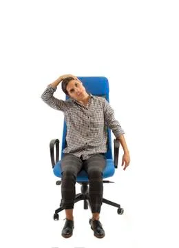 Woman doing exercises while sitting on the office chair, isolated on white Stock Photos