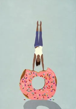 Woman doing handstand on donut with missing bite Stock Illustration