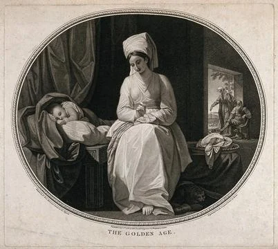 A woman doing her needlework next to a sleeping infant with an elderly coup.. Illustrazione stock