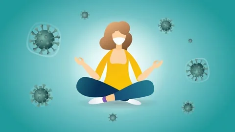 Woman doing meditation, stay in peaceful state at home. Girl in self isolation. Stock Footage