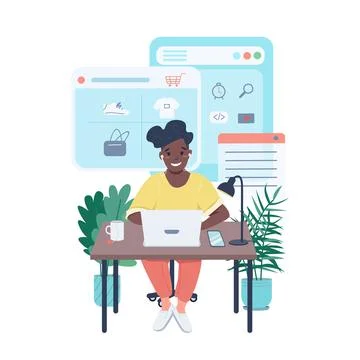 Woman doing online shopping flat color vector detailed character Ilustración de archivo