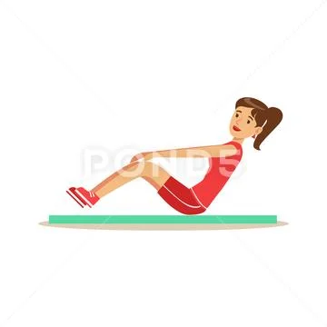 Woman Doing Pull Ups For Abs On Mat , Member Of The Fitness Club Working Out And Stock Illustration