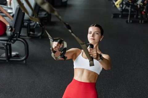 Woman doing pull ups training arms with trx fitness straps in the gym. Upper  Stock Photos