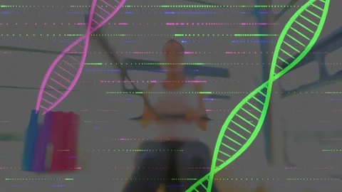 Woman doing pulldowns at gym, gripping bar, starting pulls, DNA helix and glitch Stock Footage 323479481
