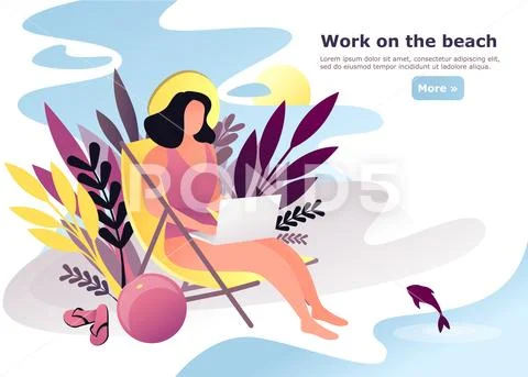 Woman doing remote work on beach Stock Illustration