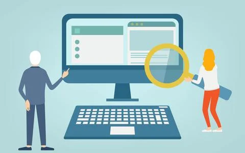 A woman doing research on a computer at the direction of an elderly man Stock Illustration