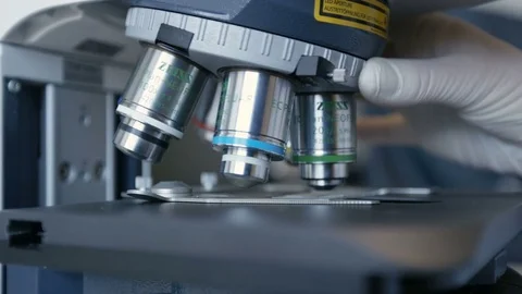 Woman doing science test with a microscope at her workplace, close Stockbeeldmateriaal 75445353