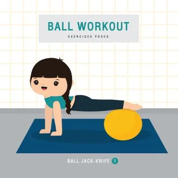 Woman doing Stability ball exercise and yoga training at gym home Cartoon Vector Stock Illustration