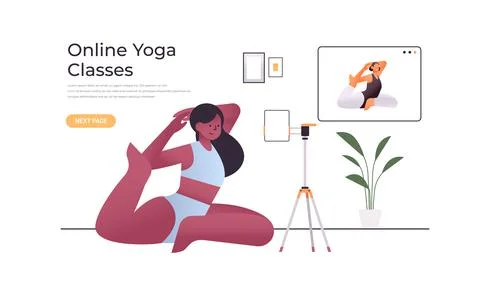 Woman doing stretching exercises while watching online video training program Stock Illustration