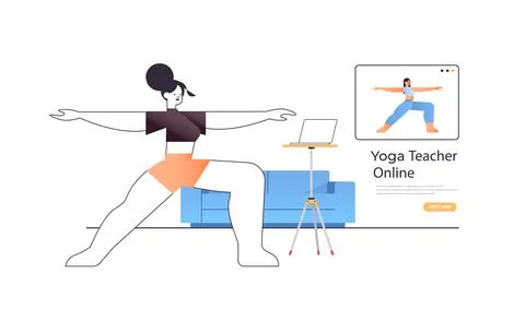 Woman doing stretching exercises while watching online video training program Stock Illustration