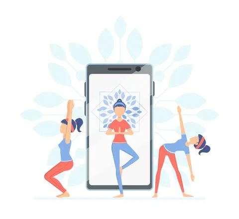 Woman Doing Yoga Exercise Using Smartphone with Yoga Application, Wellness and Illustrazione stock