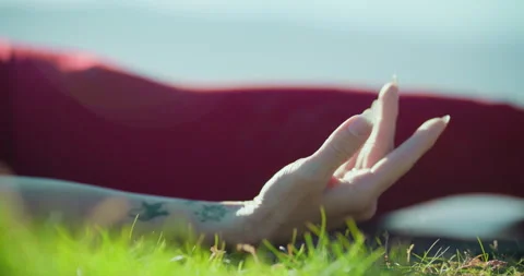 Woman doing yoga lets down hand peacefully, grassy location, 8K Vídeo Stock 279088595