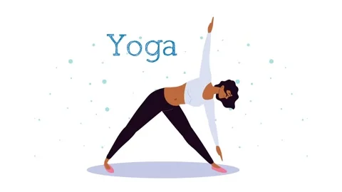 Woman doing yoga triangle pose with animated bubbles and text yoga. 스톡 동영상 339045425