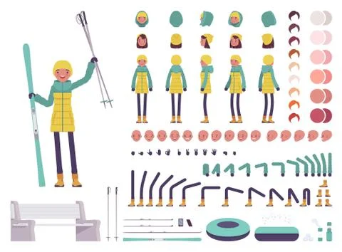 Woman in down jacket character set Illustrazione stock