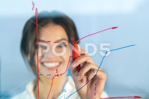 The woman draw the graph at the virtual screen Stock Photos