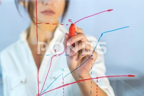 The woman draw the graph at the virtual screen Stock Photos