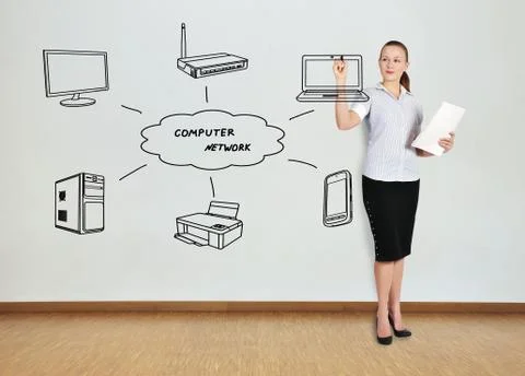 Woman drawing computer network Stock Photos