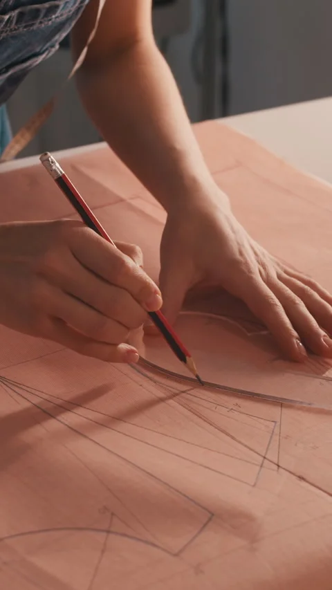 A woman is drawing a pattern on a piece of pink fabric Stock Footage 327877252