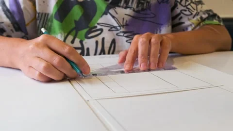 Woman drawing technical plan with pencil and ruler in close-up view, creating Stock Footage 333769433