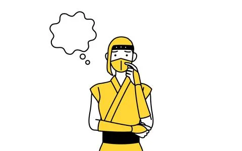A woman dressed up as a ninja thinking while scratching her face. Stock Illustration