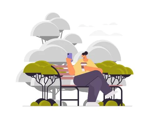 Woman drinking coffee and using smartphone girl sitting at wooden bench in pa Stock Illustration