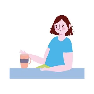 Woman drinking coffee in window alone cartoon Stock Illustration
