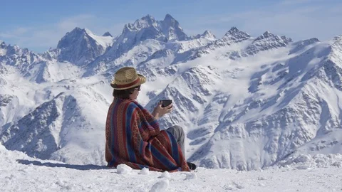 Woman drinking tea in the mountains Stock Footage 87744827
