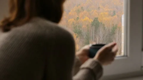 Woman drinking tea at the window Stock Footage 102849600