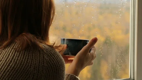 Woman drinking tea at the window Video stock 102850006