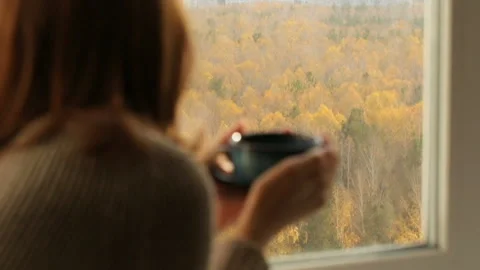 Woman drinking tea at the window Stock Footage 102850093