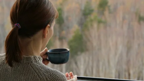 Woman drinking tea at the window 库存影片 102850592