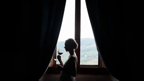 Woman drinking wine next to the window Stock Footage 69903904