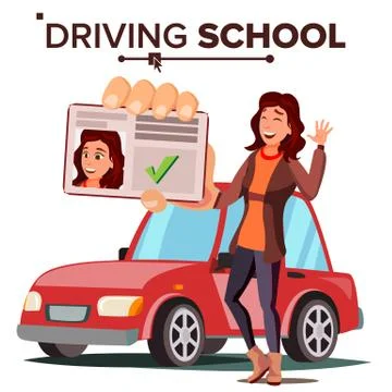 Woman In Driving School Vector. Training Car. Successful Pass Exam. Driving Stock Illustration