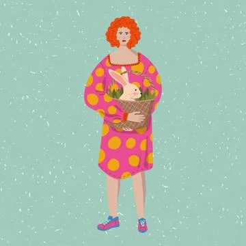 Woman with Easter rabbit vector illustration. Young redhead female character in 스톡 일러스트