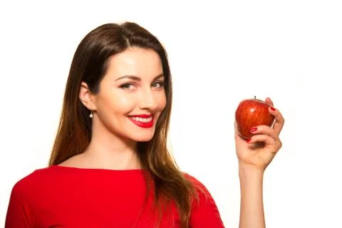Woman Eating Red Apple Fruit Smiling Isolated on White Background Showing Stock Photos