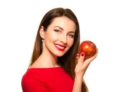 Woman Eating Red Apple Fruit Smiling Isolated on White Background Posing Stock Photos