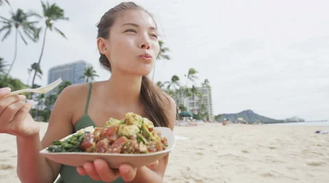 Woman Eating Traditional Poke Salad At Beach – Healthy Eating Lifestyle Stock Footage
