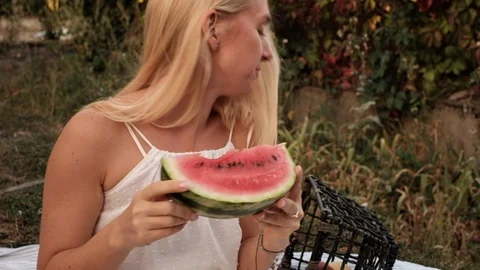 Woman eats watermelon Stock Footage 118911274
