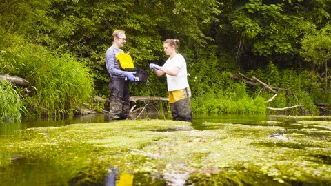 Woman ecologist taking samples of water Stock Footage