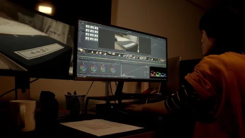 Woman Editing Video Project on Computer Monitor at Desk 库存影片 334647628