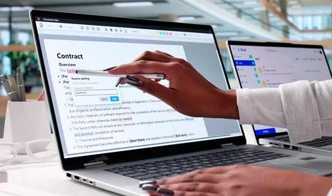Woman Edits Document On Computer, Proofreading Script For Grammar Mistakes. Stock Photos