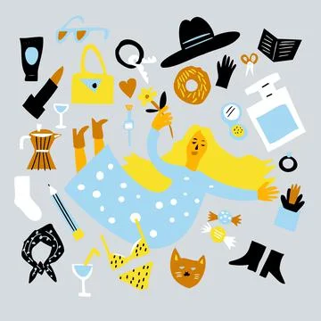 Woman with elements, lady style items. Stock Illustration