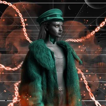 Woman elf in cyberpunk style dressed in teal fur coat Stock Photos