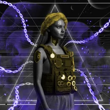 Woman elf in cyberpunk style dressed in yellow vest Stock Photos